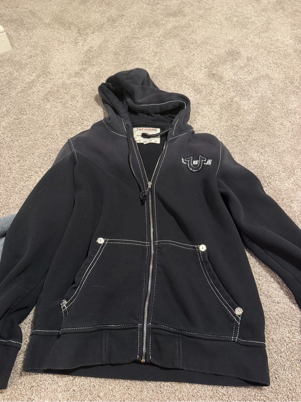 True Religion Black Hoodie with White Stitching and Logo